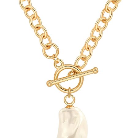 18k Gold Chain Link Necklace for Women, Baroque Pearl/Compass Pendant Necklace